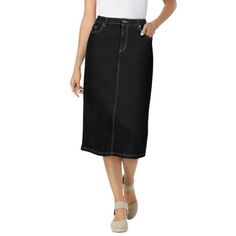 Woman Within Women's Plus Size Stretch Jean Skirt .Classic 5-pocket jean skirt with zip fly and button closure and a touch of stretch for a comfortable fit. 27.5" lengthCotton/poly/spandex, importedMachine wash . About the brand: At Woman Within were the experts in plus size comfort, and weve been doing this for over 100 years. No surprise then that were one of the go-to brands in the plus-size clothing industry for incredible fit and of-the-moment style. Our goal is to make sure you always feel great and look good in our comfortable clothes in all the colors you love. Size: 24 Plus.  Color: Black.  Gender: female.  Age Group: adult. Clothing Industry, Long Jean Skirt, Skirt With Pockets, Woman Within, Swimsuits For All, Pocket Jeans, Jean Skirt, Skirts With Pockets, Comfortable Outfits