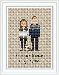 a cross stitch pattern with a couple holding hands, and the date for their wedding