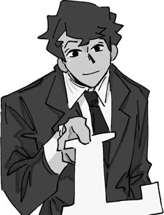 a black and white drawing of a man in a suit holding a piece of paper