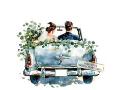 a watercolor painting of a bride and groom in an old car with greenery