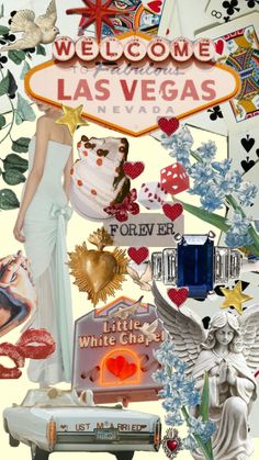 a collage of las vegas themed items including a woman in white dress and angel wings