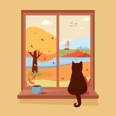 a black cat sitting on the window sill looking out at an autumn landscape outside