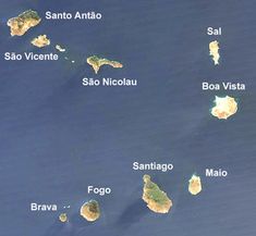 an aerial view of several islands in the ocean, with names on each side and small white dots indicating where they are located