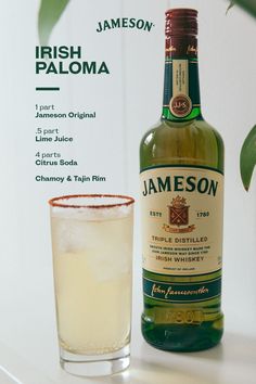 a bottle of jameson next to a glass filled with liquid