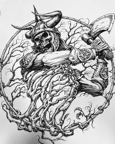 a black and white drawing of a pirate with a skull on it's head