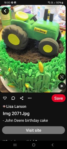 a tractor cake with green frosting and yellow decorations on it's face, in the middle of an instagram post