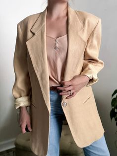 Sustainable, preowned, curated clothing. Capsule wardrobe essentials, basics, and accents. Blazer Styling, Clothing Capsule, Body Shape Guide, Blazer Fits, Capsule Wardrobe Essentials, Golden Tan, Fashion 2024, Linen Blazer