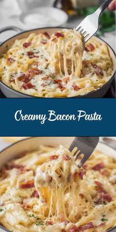 two pictures with one being eaten and the other is covered in cheese, bacon and pasta