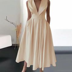 2024 New Spring V Neck Draped Party Dress Women Solid High Waist Pocket Pleated Long Dress Summer Sleeveless Hem Boho Maxi Dress Pleated Long Dress, Party Dress Women, Midi Dress Elegant, Casual Sundress, Dress With Pleats, Neck Bodycon Dress, Lace Bodycon Dress, Pleated Midi Dress, Long Summer Dresses