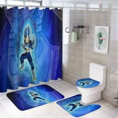 a bathroom scene with focus on the shower curtain and rugs that have dragon images on them