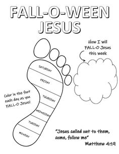 a coloring page with the words fall - o - ween jesus and an image of a