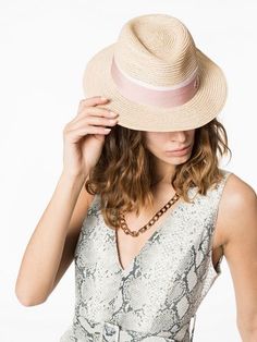 Maison Michel pink logo embellished straw hat Straw Fedora Hat, Straw Fedora, Pink Logo, Fedora Hat, Straw Hat, Pink And White, Boho Outfits, Panama Hat, Fedora