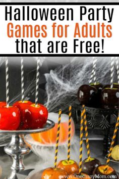 halloween party games for adults that are free with candy apples and spider webs on the table