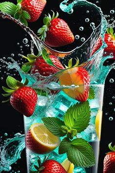 strawberries and lemons splashing into a glass of water