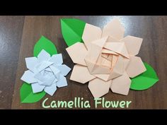 two paper flowers sitting on top of a wooden table next to green leaves and the words camellia flower