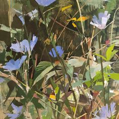 an oil painting of blue flowers in the grass