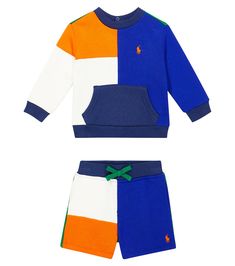 Sporty Crew Neck Playwear Set, Cotton Patchwork Sets For Loungewear, Sporty Multicolor Cotton Sweatshirt, Crew Neck Color Block Cotton Sets, Color Block Cotton Crew Neck Sets, Cotton Color Block Sets With Crew Neck, Cotton Color Block Crew Neck Sets, Blue Cotton Patchwork Sets, Sporty Cotton Color Block Sets