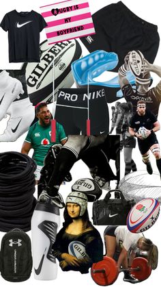 a collage of sports related items including shoes, shirts and backpacks is shown