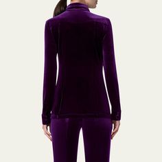 Akris stretch velvet blouse Point collar; concealed button placket Long sleeves; button cuffs Fitted Polyester/elastane Dry clean Made in Switzerland Fitted Luxury Tops With Concealed Placket, Fitted Velvet Top For Formal Occasions, Fitted Blouse, Velvet Blouse, Velvet Blouses, Stretch Velvet, Dark Purple, Button Placket, Switzerland