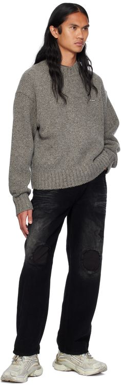 Knit wool- and nylon-blend sweater. · Rib knit crewneck, hem, and cuffs · Logo hardware at chest · Dropped shoulders Supplier color: Dark grey Wool Crew Sweater With Ribbed Cuffs, Wool Crew Neck Sweater For Fall, Cozy Wool Polo Sweater With Ribbed Cuffs, Cozy Wool Sweater With Ribbed Cuffs, Knit Crewneck, Chunky Sweater, Drop Shoulder, Rib Knit, Dark Grey