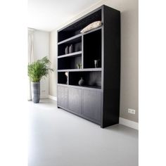 an empty room with a large black bookcase next to a potted plant