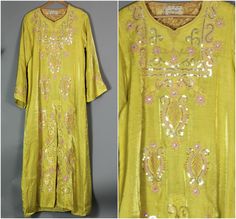 "Stunning long bohemian ethnic dress - such a striking color palette - a unique yellow (with a chartreuse tone) and pale pink. Nice and fancy with sequin and embroidery detail. Perfect modest boho party, New Years eve or holiday festive gown in my opinion. Lined. Comfortable & so gorgeous. tag size XL could fit various depending on desired fit, body type etc. Appox Measurements: Armpit 22\" pulled taut. length 57\" shoulder back seam to seam 15.75\" Condition Preloved and has minor imperfect Maxi Dress Modest, Southern Belle Dress, Muumuu Dress, Dress Modest, Dress Embroidery, Boho Party, Ethnic Dress, 90s Dress, House Dress