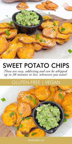 sweet potato chips with guacamole and salsa