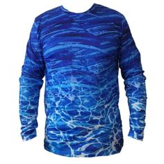 a blue and white shirt with an abstract design on the front, it is long sleeved