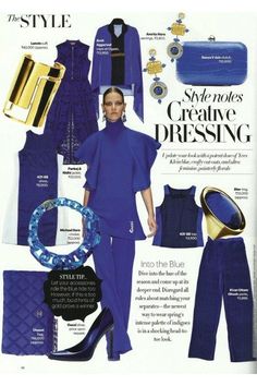 an advertisement for the style magazine, with blue outfits and accessories on it's page