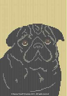 a black pug cross stitch pattern on a beige background