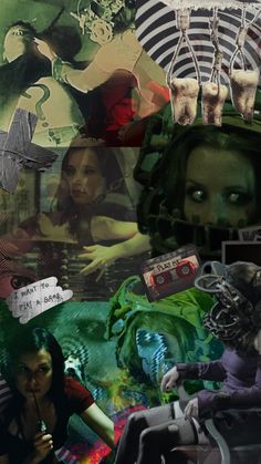 the collage has many different pictures and words on it, including an image of a woman