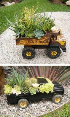 an old toy truck is filled with plants and succulents in the garden