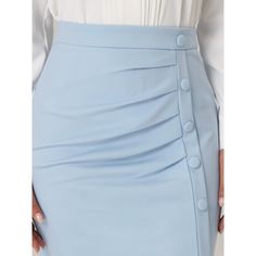 PRODUCT DETAILS: STYLE - Keep your look professional and stylish in this bodycon skirt from INSPIRE CHIC, featuring a high waist, pleated front, and button decor. OUTFIT - Pair with solid shirts and high heels for a chic office look. OCCASION - Focused on Ladies' Semi-Formal Wear - This skirt can be a perfect addition to almost any outfit from formal to daily wear, great for work, meetings, office, businesses, work, parties, cocktails, weddings, casual, daily dressing, etc. Fitted Blue Mini Skirt For Office, Fitted Blue Mini Skirt For Work, Blue Pencil Skirt For Office, Office Bodycon Pencil Skirt, High Waist Fitted Pencil Skirt For Office, High Waist Fitted Pencil Skirt Office Lady Style, Fitted High Waist Pencil Skirt For Office, Meeting Office, Work Parties