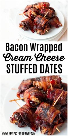 bacon wrapped cream cheese stuffed dates on a white plate with toothpicks in the middle