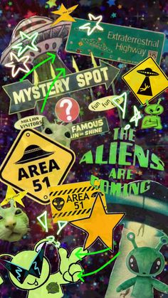 an image of many different signs and stickers in the air with stars around them