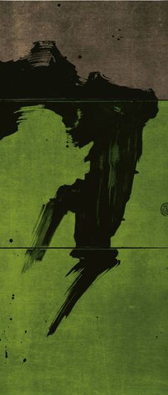 an abstract painting of a person riding a skateboard in green and black ink on wood