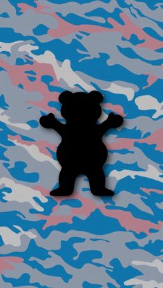 the silhouette of a teddy bear is shown against a blue and pink camo background