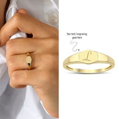 14k Gold Hexagon Initial Ring will be your signature item to your daily style. It's the one for create daily classy look with your initial on it! One letter or number combination can be stamped on the ring if you want. Please note your personalization during checkout. 14k Gold Stick Band Engravable Ring is also avaliable: https://www.etsy.com/listing/1353343274/ 14k Gold Wide Band Engravable Ring is also avaliable: https://www.etsy.com/listing/1351788904/ 14k Gold Bold Initial Ring is also avali Customizable 14k Gold Signet Ring For Anniversary, Adjustable 14k Gold Signet Ring As Gift, Fine Jewelry Engraved Ring With Engraving Option As Gift, Elegant Tarnish-resistant Initial Ring As Gift, Fine Jewelry Initial Ring With Engraving Option As Gift, Elegant Customizable Initial Ring For Promise, Fine Jewelry Initial Ring With Engraving Option, Customizable 14k Yellow Gold Signet Ring, Modern Signet Ring With Engraving Option For Gift