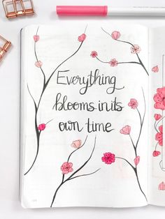 bullet journal quote page covered in cherry blossom doodles: everything blooms in its own time Ideas For Journaling Creative, Pretty Journals About Me, Quotes For A Journal, Cute Drawing With Quotes, Journal Cute Ideas, Journaling Ideas About Me, Quote For Journal, Pretty Journals Aesthetic Ideas, Drawing In Journal