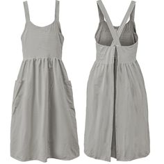 two women's dresses with straps on the back and side, both in grey