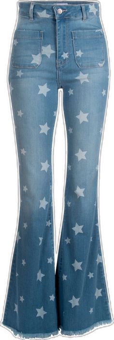 star denim flare pants Trendy Straight Leg Flare Jeans With Star Print, Trendy Star Print Denim Flare Jeans, Trendy Denim Flare Jeans With Star Print, Casual Star Print Flare Jeans, Casual Flare Jeans With Star Print, Spring Wide Leg Jeans With Star Print, Shaggy Jacket, Velvet Flares, Embroidered Denim Jacket