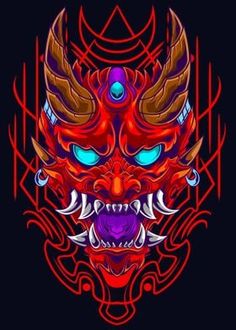 a red demon mask with blue eyes on a black background