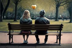 two people sitting on a bench looking at the park with a heart shaped balloon in the sky