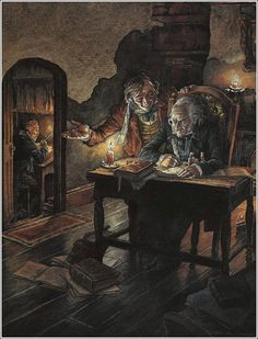 an old man sitting at a table next to a young boy who is looking at a book