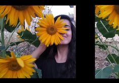 a woman standing in front of sunflowers with her eyes closed