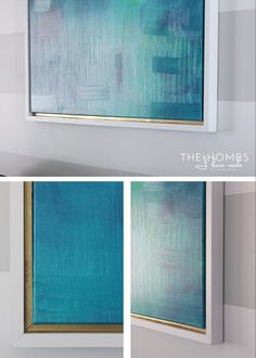 three different pictures of the same wall with blue and green paint on it, one is in