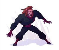 a cartoon character with red hair and an evil look, standing in front of a white background