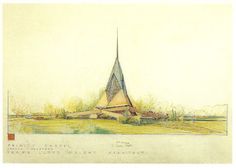 a drawing of a building with a steeple on it's side and trees in the background