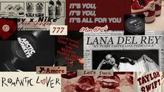 a collage of various images with words and pictures on them in red, white, and black