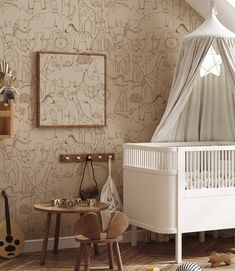 a baby's room with a white crib and wooden toys on the floor